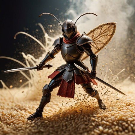 ant warrior, oversized grain of rice, Renaissance battle scene aesthetic, epic struggle, detailed ant armor,  swords crafted from splinters, dramatic lighting, dust swirls, miniature battlefield