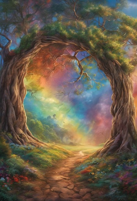 (photo realistic, hyperrealism), Imagine a scene where time has stood still beneath an ancient tree. Its leaves drift to the earth in colors of a rainbow. Magic spins through the air. Each petal and leaf emit a soft, otherworldly glow. Sunlight kisses the earth, (whitespace)