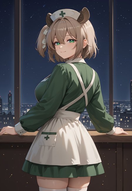 safe_pos, 1girl, solo, solo focus, highres, absurdres, NimiNightmare, nurse cap, green eyes, bangs, animal ears, brown hair, hair between eyes, short hair, one side up,

large breasts, white apron, green dress, long sleeves, collared dress, puffy sleeves, white thighhighs,

looking at viewer, closed mouth, smug, head tilt, from behind, looking back, 

cityscape, neon lights, window, dark, night, night sky, light particles, backlighting, 