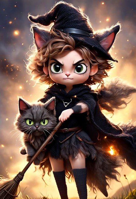Super Closeup Portrait, Fairy Like adorable petite female skinny ghiblis witch Kiki, fighting stance, Cat, witch broom,  furry, very wooly, Large eyes, fuzzy furry like, Long hairy fluffy, devouring, blushed shy Look from beneath, knitted hairband and knitted Wooly stockings, fists up, Cape and Hair in Wind, Wind Vortex, tanslucent, levitating