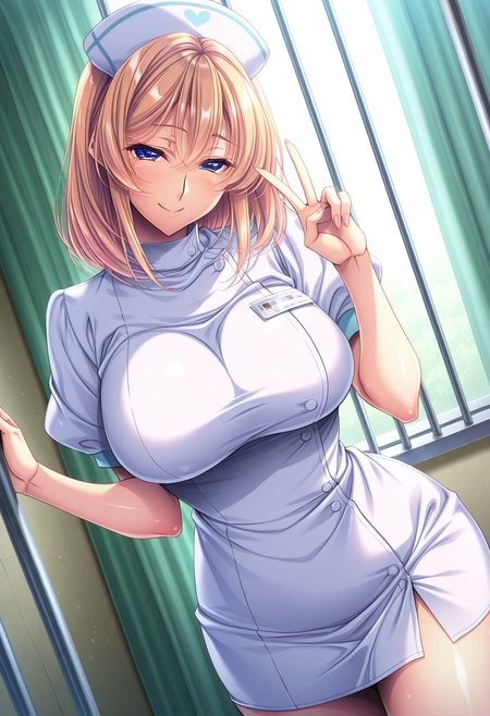 general,highres, ultra-detailed,very aesthetic,best quality ,best hands,masterpiece, best quality, newest, highres, score_9, score_8_up, score_7_up, source_anime, rating_explicit,yokota mamoru style, 1girl, ,motion lines,Very straight nose，slim,slender face,perfect nose,,looking at the viewer,torogao,seductive smile 
Kurebayashi Rion,Blonde Hair,Blue Eyes,Nurse,medium hair,shoulder length hair
short sleeves,puffy sleeves,white dress,puffy short sleeves,nurse cap,bars,,confined,v,looking at viewer,solo,dutch angle,cowboy shot，hospital，day，curtain
