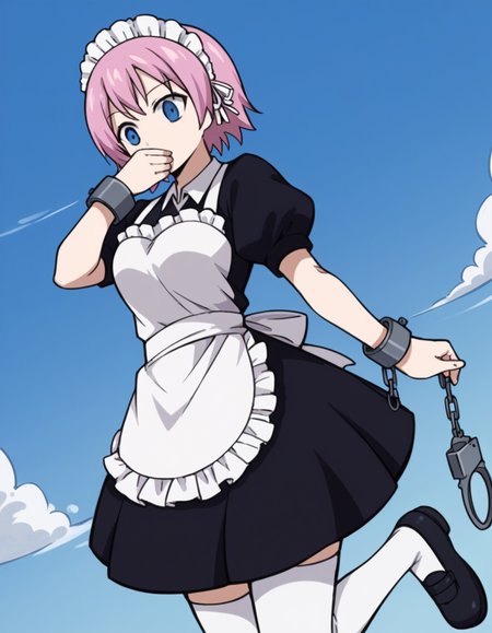 score_9, score_8_up, score_7_up, source_anime, <lora:fairytail-virgo-s7-ponyxl-lora-nochekaiser:1>,, maid virgo, short hair, bangs, blue eyes, pink hair, thighhighs, dress, short sleeves, shoes, puffy sleeves, black footwear, apron, black dress, white thighhighs, puffy short sleeves, zettai ryouiki, maid, maid headdress, white apron, maid apron, cuffs, enmaided, handcuffs,, laundry day, clothesline, drying clothes, domestic life, fresh air, blue sky, smile, , hand covering mouth, solo,, cowboy shot, dutch angle