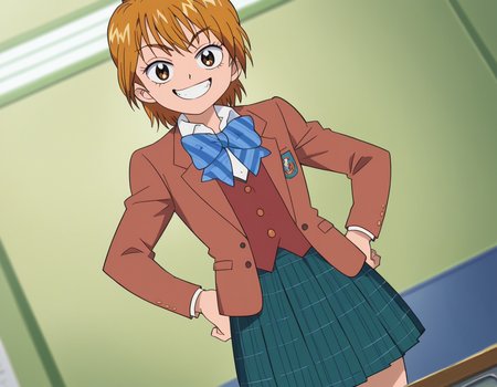 score_9, score_8_up, score_7_up, source_anime, <lora:nagisa-misumi-anime-ponyxl-lora-nochekaiser:1>, nagisa misumi, short hair, brown hair, brown eyes,, skirt, bow, school uniform, jacket, bowtie, blue bow, blazer, brown jacket, plaid, plaid skirt, green skirt, red blazer,, indoors, smug, smile, looking at viewer, solo, hands on hips,, cowboy shot, dutch angle