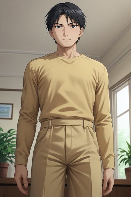 score_9, score_8_up, score_7_up, source_anime, rating_safe, , , looking at viewer, depth of field, 1boy, solo, male focus, <lora:roy_mustang_pony:0.74>, roy_mustang, black hair, black eyes, from below, living room, plant, dawn, villain pose, giggling, , <lora:sdxl_lightning_8step_lora:1>