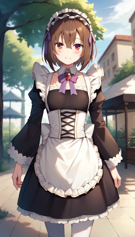 score_9,score_8_up,score_7_up,score_6_up BREAK official art,solo,outdoors,cowboy shot,looking at viewer,facing viewer,smile,blush,Shary Corvette,maid headdress,medium hair,brown hair,hair between eyes,red eyes,black bow,jewelry,brooch,purple ribbon,juliet sleeves,long sleeves,puffy sleeves,wide sleeves,small breasts,maid apron,white apron,frilled apron,black dress,white pantyhose,mary janes,<lora:Shary Corvette(sgmt)-Pony:1.2>,