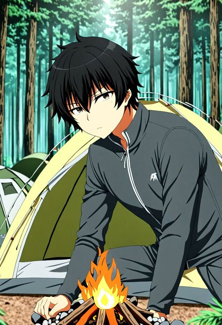 high resolution, solo, best quality, 1Boy, Seiya Kanie, black hair, short hair, thin, forest, camping, OverallDetail
