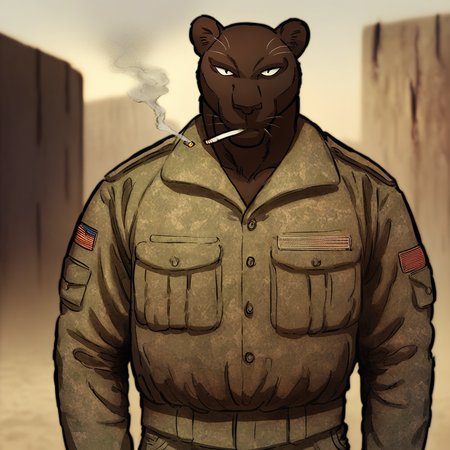 score_9_up, score_8_up, score_7_up, Masterpiece, best quality, high quality, detailed, male, solo male, 1boy, Coal Gadot, anthro, panther, mature male, animal ears, dark brown body, athletic build, black eyes, muscular male, outdoors, looking at viewer, standing, smoking a cigarette, light green shirt, military, army, camo pants, half body