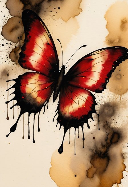 Silhouette Art, breathtaking a lineart (vibrant alcohol ink sketch). [magnificent, shiny, intriguing weirdness, extravaganza, mystery of darkness, unusual natural aesthetics, glossy]. dark hues of red and shiny gold color scheme. macro shot of a pixie with large butterfly wings, 
Inkstains  . award-winning, professional, highly detailed . extremely high-resolution details, photographic, realism pushed to extreme, fine texture, incredibly lifelike, high contrast, well defined . beautiful,  lovely,   mesmerizing,  radiant,  enchanting, splendid.