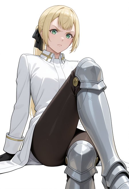 Smooth Quality,masterpiece,very intricate, high quality details, ultra realistic, high detailed skin,detailed enviorement,absurdres,
simple background, white background, 
from below,reclining pose, one leg crossed over the other, arm draped over backrest, calm demeanor,  ,angry,
 <lora:Rituscnn:0.8> rituscnn, 1girl, blonde hair, green eyes, long hair, ponytail,shirt, white shirt, coat,black gloves, hair ribbon,armored boots,