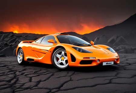 Realistic photography of a (1993 McLaren F1:1.1), orange paint job, (5 spoke rims:0.6), studio lighting focused on the car, (showroom background:1.0), surrounded by lava rivers, black sand ground, HavvoricFireDarkstyle, Cars&bikeslora