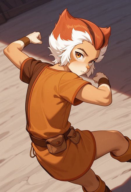 1boy, male focus, cute boy, Wilykat, Two-tone fur, Two-tone hair, orange hair, white hair, black streaks in hair, amber eyes, feline eyes, Two-tone tunic, Orange and brown tunic, wristbands, Belt, Pouches, looking back, from behind, cinematic, intricately detailed illustration, depth of field, masterpiece, best quality, amazing quality, very aesthetic, absurdres, newest, very awa, shadow, dynamic angle, casual cosplay, dynamic pose, action pose,