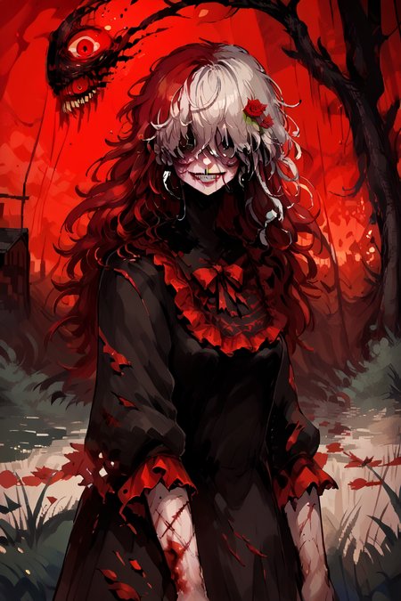 score_9, score_8_up, score_7_up, score_6_up, score_5_up, source anime, ((dark skin)), looking at viewer, realistic background,  night, outdoors, cliffs, mountains, standing,  (cowboy shot), evil smile, (solo), multicolored hair, red hair, white hair, messy hair, wild hair, long hair, hair over eyes, red eye,   bloodstained hair, scar, burn scars, burned face, bloodstained dress, injured, wounded, bloody, (horror), zombie, corpses, grimdark,  <lora:f3nn3rXLP:0.9> , f3nn3r, red, black, (trippy),  <lora:h3ll1shXLP:0.9> , h3ll1sh, small breasts,  <lora:LFashionPDXL:0.8> , zzLFashion, black frilled dress, frills, bow, black dress, pantyhose,  <lora:cr33pXLP:1> , cr33p,  <lora:d3p1x3lXLP:1> , d3p1x3l, pixel art, scenery,