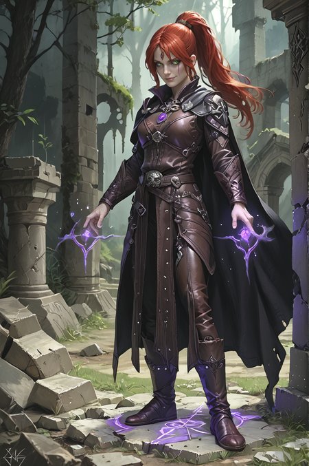 score_9, score_8_up, score_7_up,  ArsMJStyle, dnddarkestfantasy, Dark Fantasy, Full body shot,
BREAK,
Perfect Hands, Perfect body Proportions,
Beautiful young female Warlock, 1girl, long girl, ponytail hairstyle, Skirt, solo, 
Red hair,  Green eyes, Smirk, 
Amulet, Glowing, leather armor, gambeson, Dark-brown armor, (leather material:1.2), (studded:1.1), design, <lora:leather_armor:1>,<lora:Gambeson_CyberPony:1>, 
Leather Boots, Black Cape, long Cape,
(Casting spell:1.2), (Magical energy:1.2), (Dark Magic:1.2), Purple magic, purple energy, (magic:1.1), (arkane_dark:1.1), <lora:dark_magiks:1>, 
BREAK, 
(Ancient Ruins:1.1), (stone rubble:1.1), crumbled stone walls, forest, Night, nighttime, Moonlight,
BREAK,
<lora:add-detail-xl:0.7><lora:Perfect Hands:1> <lora:DnDDarkestFantasyPony:1>