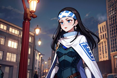 highly insanely detailed, masterpiece, top quality, best quality, highres, 4k, 8k, RAW photo, (very aesthetic, beautiful and aesthetic),  
beth_\(megami_tensei\),bethsmtii,shin megami tensei ii,long hair,black hair,straight hair,sleek black,jewelry,cross,headband,red_lipstick,Blue_dress,armored_corset,blue shirt,white cape,cape_with_messian_symbol,Religious_cape,messian_symbol_cape,holy_knight_cape,messian_cross_earrings,cross_earrings,religious_earrings,messian_symbol_jewelry, 
<lora:zs_Beth:0.8>, 
(1girl:1.3), 1other, 
located in a classic steampunk city, offering timeless buildings, elegant street lamps, sophisticated ambiance, vintage steam-powered devices, stylish seating, under a cloudy sky,âââ