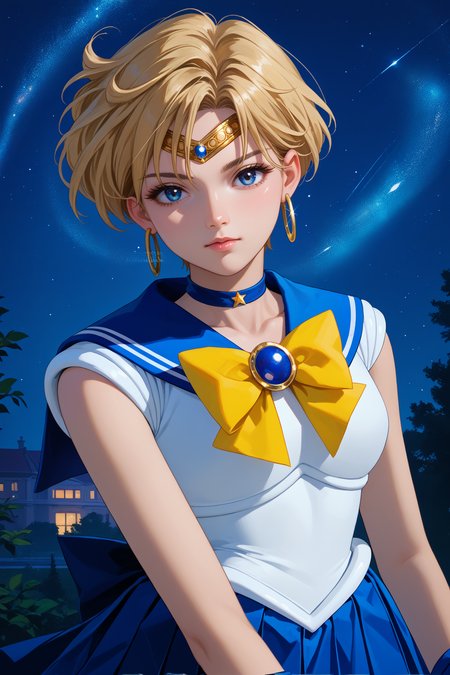 score_9, score_8_up, score_7_up, score_6_up, source_anime, 1girl, solo,   <lora:sailoruranus-pdxl-nvwls-v1-000005:1> slrua, blonde hair, short hair, blue eyes, circlet, choker, hoop earrings, white shirt, sleeveless, blue sailor collar, yellow bowtie, brooch, white leotard, blue skirt, pleated skirt, white gloves, looking at you, night, night sky
