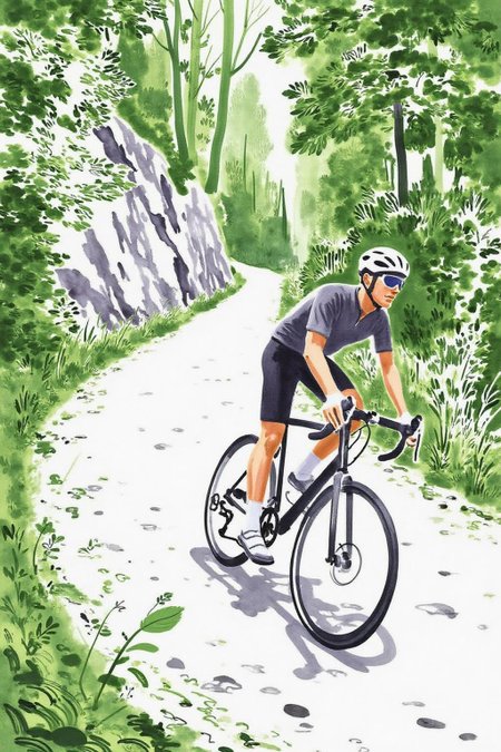 watercolor illustration.  
A cyclist in a lush, forested path. The artwork features a cyclist, dressed in a cycling jersey, black shorts, and cycling shoes, riding a bike. The cyclist is wearing a white helmet and is leaning forward. <lora:minink1_cap_d6a3e12:1.0><lora:825119254283078035:0>