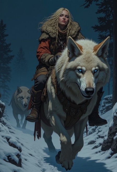 By Phandigrams, close-up digital illustration of a 20-year old blond beautiful prehistoric woman with blue eyes wearing furs and fur boots riding a humungous dire wolf on a trail in the snow, dark night, high action pose, perfect pupils, insanely detailed faces, correct digits, realistic skin, intricately detailed, perfect expressive eyes, perfect pupils, Stunning visuals, Texture, beautiful face features, dynamic