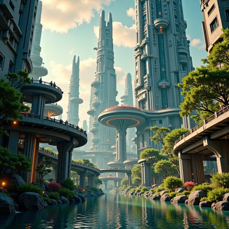 anm-frac of high detail photo of a huge futuristic high-tech city on a foreign planet. in the center there is a gigantic cylinder, a structure that streches far into the sky and has glowing lights on various levels. Also big gardens are edged into building. Public transport lines with trains on rails connect the city from every direction and cross the small lake all around the city. There are bright bluish forests and the water of the lake is hughly reflective. sunset, saturated colors fractal patterns, on an empty street , Illustrate the contrasts of light and shadow to convey depth and emotion. Light bouncing off surfaces to create interesting patterns and highlights. Fresh Greens: Lime green, olive, and moss for a lively, fresh look, ultra detailed cinematic film still   <lora:anm-frac-v1-000048:1>