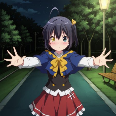 masterpiece, best quality, amazing quality, 1girl, solo, love_chunibyo_other_delusions_takanashi_rikka, standing, heterochromia, yellow eyes, no eyepatch, one side up, black hair, blue eyes, ahoge, short hair, cosplay, outstretched arms, blush, v-shaped eyebrows, skirt, park, night, <lora:Takanashi_Rikka:0.7>