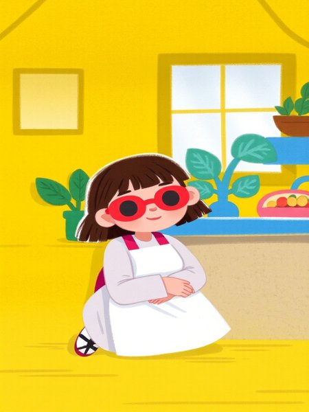 A cute anime-style drawing. A smiling girl with short brown hair, red glasses, and a pink apron over a white long-sleeve dress with a bright smile. She kneels next to a bright yellow house, leaning on a counter. In the background, a green plant on the window sill, a blue plant in a pot, and a fruit bowl on the counter. Vibrant colors, whimsical atmosphere, cheerful scene.

best composition, best quality,masterpiece, vibrant colors, healing atomosphere