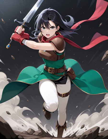 1girl,<lora:mareeta feh 2outfits_illustriousXL:0.8>,mareeta feh,earrings,necklace,red scarf,red gloves,fingerless gloves,asymmetrical gloves,shoulder armor,breastplate,green dress,brown belt,brown pouch,white pants,thigh strap,brown boots,full body,running,holding sword,attack,serious,open mouth,effect,looking at viewer,masterpiece,best quality,amazing quality,