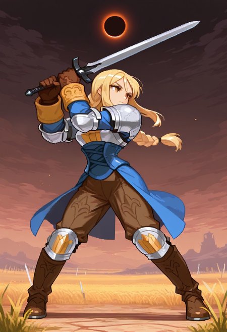 masterpiece, best quality,  Csp2Pixel, 1 girl, fftag, blonde hair, braided ponytail, sidelocks, long hair, brown eyes, large breasts,  armor, shoulder armor, blue dress, blue corset, elbow pads, long sleeves, brown pants, brown gloves, knee pads, brown boots, fighting stance, detailed background, full body, portrait, holding sword, field of blade, eclipse,