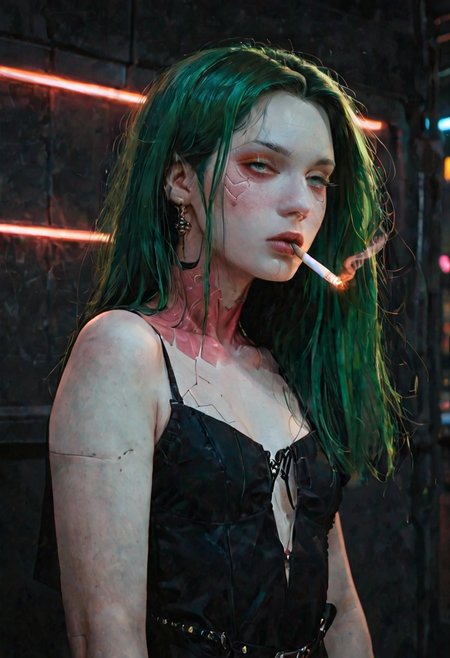 score_9, score_8_up, score_7_up,  
break 
1woman, 
Break
(((Rebecca_(Cyberpunk)))), white blue skin. Green hair with red tips. Long hair.
high quality,  expressive.Beautiful. petite body with wide hips,  Short woman. Thick thighs, Pear body,   Small breasts.  Black jactet.  Smoking cigarrete. Facing the viewer. Neon lights. Motion lines. Realistic. Elegant.
Break