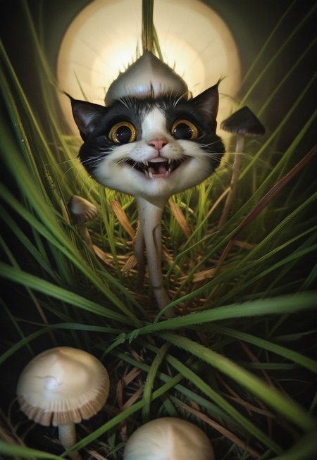 score_9, score_8_up, score_7_up, score_6_up, score_5_up, score_4_up, BREAK ((smile)), a crazy looking cat with very happy face in dark-grasshrooms, dark, backlit, low key, sidelight, depth of field, blurry foreground, dark-grasshrooms