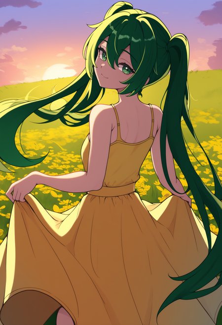 newest, from behind, solo, 1girl, smile, looking back, skirt hold, long hair, green hair, hair between eyes, twintails, green eyes, yellow sundress, spaghetti strap, bare shoulders, outdoors, sunset, cloud, grass, flower field
<segment:yolo-Anzhc Face seg 640 v3 y11n.pt,0.5,1//cid=11>