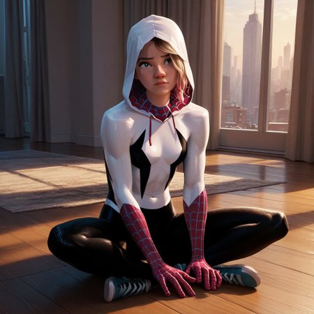 score_9, score_8_up, score_7_up, score_6_up, score_5_up, score_4_up, 1girl, spiderG, sitting on the floor, superhero, hood down