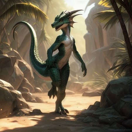 scalie, (female kobold:1.3), (detailed dark green scales:1.3), detailed scales, intricate scales, (flat chest:1.2), (nude), standing,  (detailed face), (detailed clear eyes:1.3),  claws, open mouth, grin, fangs:1.3,
dynamic pose, sexy pose, dancing,
by crestfallenartist, by qwertydragon, by ecmayor,
<lora:addmoredetails:0.2>
<lora:FurryCore:0.4>
<lora:Velociraptor_Dino:0.25>
<lora:dragon:0.2>
on the beach, sunshine,
(ambient light on the body),  Ray tracing,
(masterpiece,  8k, 4k, warm lighting, best quality, hi res, absurd res:1.3),
concept art, highly detailed, (hi res), ((masterpiece)), ((best quality)) , ultra realistic, 4k, (intricate:0.9), (high detail), film photography, cinematic composition,