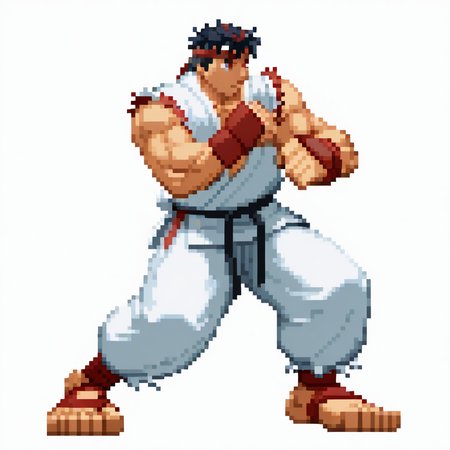 CapcomVsSnk,, white background,,
1boy, (ryu:1.1),, looking at away, dynamic pose, full body, fighting stance,
 <lora:ACapVSsnk_Style:1.2>,