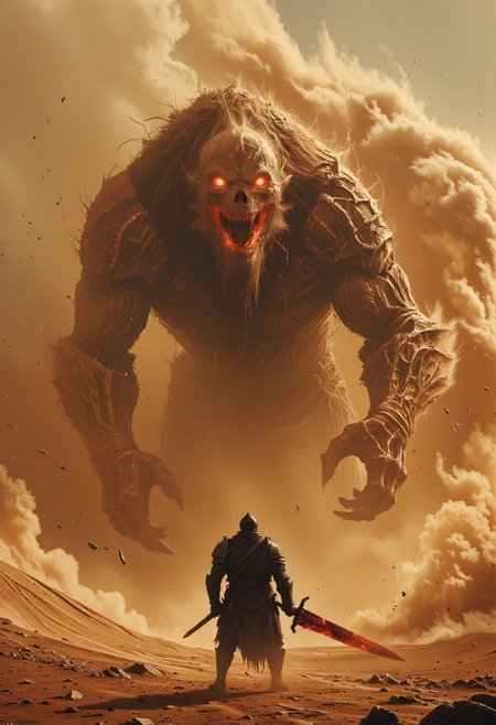 M100-style, bosstyle, Over-the-shoulder boss-style shot of a dark, menacing warrior standing against a colossal sandstorm-beast. The shot, from behind the warrior, showcases the cracked and shifting surface of his sand-formed armor, grains constantly moving as if alive. His twisted, jagged scimitar, formed from blackened obsidian and infused with glowing crimson veins, crackles with malevolent energy, casting an eerie red glow over his silhouette. The sword pulses with a dark, molten core of fire and sand, its light cutting through the thick haze of the swirling storm.
Ahead of him, towering within the sandstorm, the sand-beast boss emerges. Its enormous body is composed of fierce, shifting dunes and skeletal remains of long-buried creatures, twisting and reshaping constantly. glow faintly with an ancient, cursed power. The creature’s hollow eyes glow with a deep, ominous orange.
The battlefield is a storm of swirling sands and violent wind, the air thick with the howl of the storm. Massive gusts carry debris and bones, filling the air with a deafening roar. As the sandstorm intensifies, the beast lets out a guttural roar, sending shockwaves through the dunes. Over the warrior’s shoulder, his blade crackles with deadly energy, his stance unwavering as he prepares to face the enormous beast. The scene is a clash of titanic forces, set in the heart of a ravaging desert storm, with the battle teetering on the edge of an apocalyptic showdown.