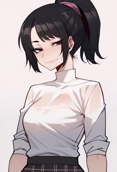 score_9, score_8_up, rating_explicit, 1 girl detailed,    absurdres, extreme_quality,1 girl,     adult woman, picture of 1 woman,  upper body focus, upper body,   5 fingers,  looking at viewer,  smug expression,  shihop5, black hair, ponytail, shirt, plaid skirt, bike shorts, asymmetrical legwear, white shirt, dark brown eyes,