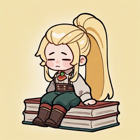 masterpiece, best quality, newest, absurdres, highres, 1girl, solo, chibi, = =, sitting, <lora:JadeFE-illu:1> csJade, blonde hair, long hair, high ponytail, sidelocks, collared shirt, white shirt, long sleeves, green brooch, red ascot, suspenders, brown corset, green pants, knee boots, book stack, yellow background