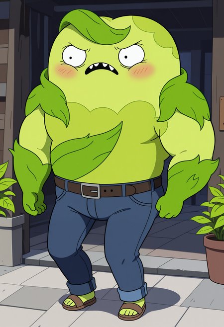 masterpiece,best quality,amazing quality, 1boy, solo, d0nny, plant boy, jeans, belt, sandals, green skin, full body, outdoor,