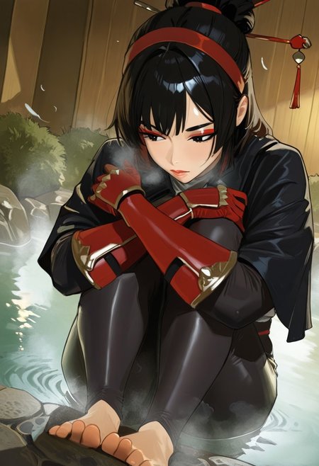 hintobento,  outdoors, undershirt, falling feathers, black bodysuit, hair stick, hugging knees, knees to chest, gauntlets, eyeshadow, red gloves, two sides up, black capelet, red hairband, black eyes, 1girl, solo, feet, visible breath, dynamic angle, foreshortening, smell, steam, onsen, water
