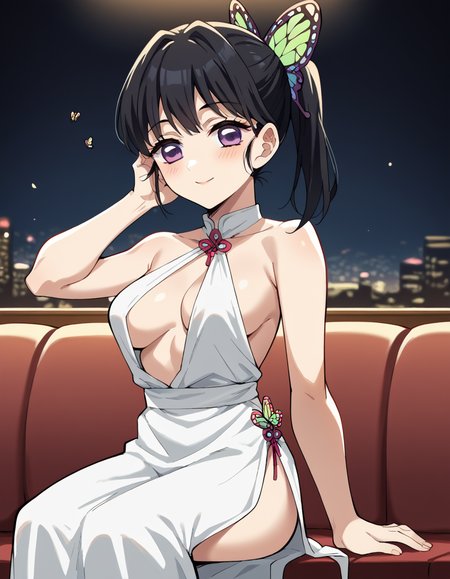 score_9, score_8_up, score_7_up, source_anime, <lora:kanao-tsuyuri-anime-ponyxl-lora-nochekaiser:1>, kanao tsuyuri, black hair, butterfly, butterfly hair ornament, purple eyes, side ponytail, ponytail, medium breasts, <lora:cocktail-dress-ponyxl-lora-nochekaiser:1>, cocktail dress, halter dress, plunging neckline, center opening, side slit, high-waist sideboob, casino, blush, smile, sitting, hand on own head, champagne, drinking glass,, cowboy shot,