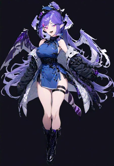 masterpiece, best quality, ultra-detailed, beautiful, nai3, 1girl, solo, full_body, tachi-e, 
selen tatsuki, boots, dress, tail, dragon tail, hat, blue dress, official alternate costume, dragon girl, sleeveless, ponytail, belt, smile, gloves, long hair, breasts, open mouth, very long hair, thigh strap, simple background, hair ornament, jacket, bangs, hairclip, fang, wings, black footwear, looking at viewer, black belt, pointy ears,