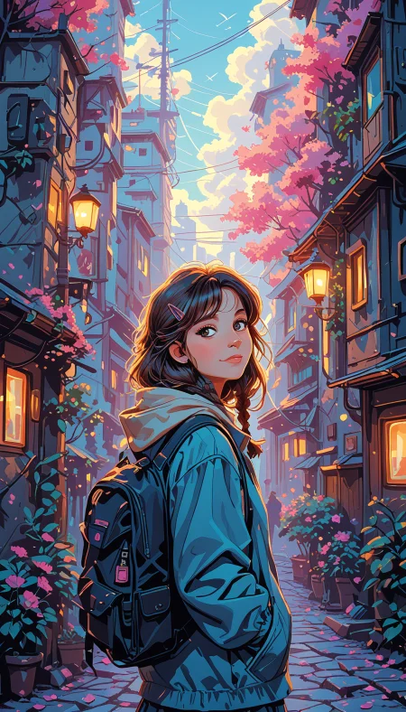 masterpiece, Shinkaistyle,
pinkretroanime, retro art,
Cyberpunk Style, cyberpunk, science fiction, hi tech, future tech, neon, (Cybernetics:1.25), (Neon Cityscape:1.4), (lineless:1.5), smooth edges, (lighten the face:1.5), tall body, slender body, fit body, long legs, In the given image, we see a young woman standing on a cobblestone street in what appears to be a small European town. The sun is shining brightly, casting soft shadows behind her and illuminating the vibrant colors of the town's architecture. She is dressed casually in a brown jacket over a blue shirt, complemented by a backpack on her shoulders. Her hair is dark and long, falling softly around her shoulders. The woman is looking off to the side with a thoughtful expression, perhaps lost in thought or observing something out of frame. The cobblestone street is lined with traditional houses, their wooden doors and windows adding to the rustic charm of the scene. To the left of the image, there are trees providing a natural contrast to the urban setting. The woman is positioned in the center of the image, framed by the buildings on either side, which gives her a sense of space and isolation. Her shadow on the ground suggests that she might be taking a break from her journey or perhaps waiting for someone. The colors in the image are predominantly blues and greens, with the blue sky peeking through the top left corner, contrasting beautifully with the red and yellow buildings. The overall mood of the image is serene and contemplative, capturing a moment of quiet reflection amidst the daily hustle., 1girl, solo, long hair, looking at viewer, blush, smile, short hair, bangs, blue eyes, skirt, blonde hair, brown hair, hair ornament, long sleeves, closed mouth, standing, jacket, upper body, braid, flower, pleated skirt, outdoors, sky, day, hairclip, looking back, cloud, hood, medium hair, bag, blurry, twin braids, from side, tree, blue sky, sketch, blue skirt, coat, looking to the side, single braid, depth of field, bird, leaf, sunlight, backpack, hood down, plant, blue jacket, building, scenery, backlighting, city, hands in pockets, road, cityscape, dappled sunlight, power lines, lamppost, street, blue coat, utility pole, colorful, town, alley, vanishing point