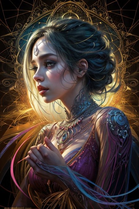 (((1girl))),(geometric abstract background:1.4), esoteric,  depth of field (zentangle, mandala, tangle, entangle) (photorealistic:1.4), official art, unity 8k wallpaper, ultra detailed, beautiful and aesthetic, masterpiece,best quality, (dynamic angle:1.4), glowing skin, (floating colorful sparkles:1) the most beautiful form of chaos, elegant, a brutalist designed, vivid colours, romanticism,back to camera,