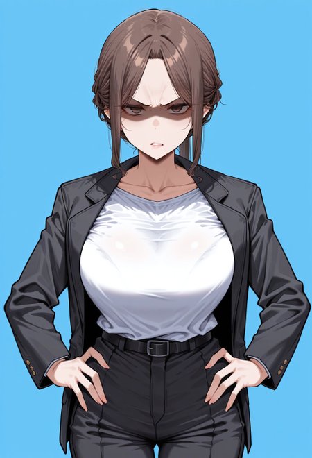 masterpiece, best quality, amazing quality, absurdres, 

tamak1_b0dyguard, 1girl, solo, brown hair, ponytail, parted bangs, sidelocks, brown eyes, lips, collarbone, large breasts, black jacket, long sleeves, white shirt, black pants, black belt, black footwear, loafers,

scowl, V-shaped eyebrows, shaded_face, standing, hands on the hips, cowboy shot, looking at viewer, simple background, blue background,