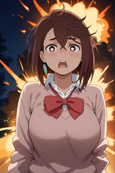 score_9,score_8_up,score_7_up,masterpiece, best quality, <lora:WHM 0.2v:0.5>, WHM, 2D,anime,  
heart-shaped pupils, heart, follen in love,blush, backlighting,
<lora:momo-ayase-alpha-s1-ponyxl-lora-nochekaiser:1>, 1girl,bangs,bow,brown hair,hair between eyes,half-closed eyes,jewelry,medium hair,momo ayase,night,open mouth,red bow,school uniform,shirt,short hair,solo,sweater,surprised,behind the explosion,huge breasts,