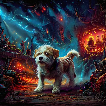 <lora:ZIP_SDXL:1> Hey dog looking at the viewer Wearing a helmet ready to go on an adventure 1980s style   <lora:1980s_Fantasy_Style_test_2:0.8> 1980s Fantasy Style, vivid color <lora:Rock_Concert:0.8> r0ckc0ncert, on stage, light show, smoke, band, instruments <lora:tbh160-sdxl:0.8> style of Dan Mumford