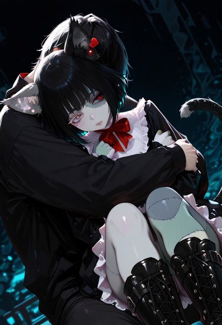 gorgeous, masterpiece, high quality, best quality, highres, very awa, abstract background, very aesthetic, newest, no lineart, realistic, blurry, dynamic angle, closeup, hugging, romantic, height difference, couple, hug from behind,
3cto, patchwork skin, stitches, animal ears, ear tag, heterochromia, tail, frilled dress, bowtie, boots,
BREAK, 1male, generic male, light skinned male, tall male, faceless male, short hair male, black hair,
748cmstyle, xxx667_illu,
 glowing, dark background,