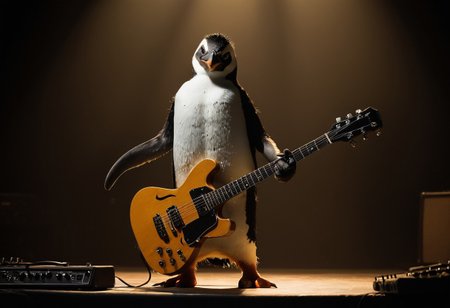 masterpiece, best quality, good quality, a punk rock penguin, guitar, musical instrument, holding stage, spotlight, mohawk, playing guitar, indoor, dramatic lighting, surreal, abstract,