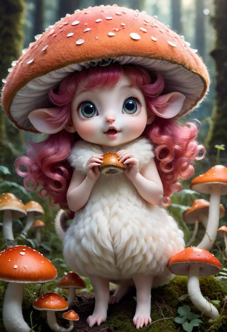 Mix the mushrooms, mouse and curly fur to create adorable magical creature with big glowing eyes, masterpiece, Surrealism, close-up, macro photo, f/1.2, backlighting, Albert Edelfelt, multicolored hair