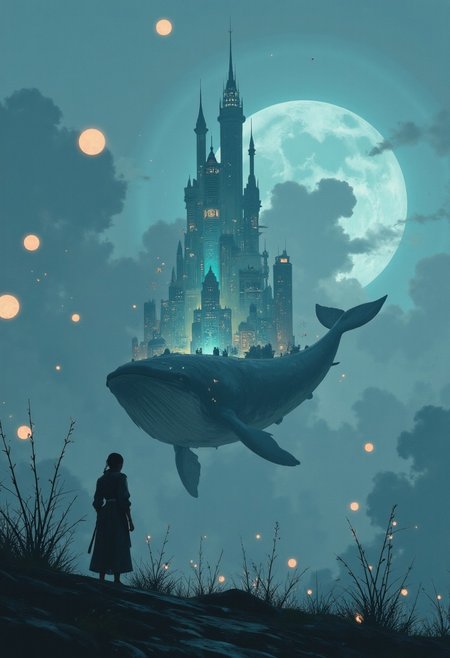 A
A city built on the backs of enormous whales glides through an endless sea of mist. Its buildings are made of crystal glass, reflecting the pale glow of floating lanterns that drift in the air like miniature moons.
, aidmabaldursgate3,