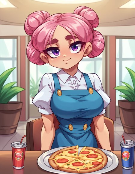 score_9, score_8_up, score_7_up, score_6_up, score_5_up, score_4_up, 1girl, solo, upper body, close-up, 
 <lora:Ploxy v1:0.8> Ploxy, thick eyebrows, pink hair, messy bun, purple eyes, big breasts, looking at viewer,
blue pinafore dress, double vertical stripe frilled socks, shoes, 90s mall food court, fast food, dining tables, chairs, bright lights, the smell of pizza and french fries, soda fountain