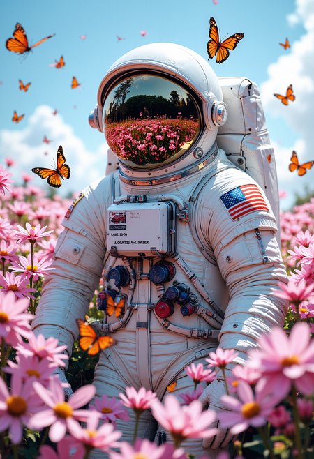 A lone astronaut in a white spacesuit with a reflective visor, standing waist-deep in a field of dense pink flowers. The astronaut's suit is detailed, with visible creases, joints, and connectors, all in shades of white. The visor reflects the surrounding flowers and the blue sky with a few clouds. Butterflies, orange with white patterns, flutter around the astronaut, some near the helmet. The flowers are delicate, with pink petals and yellow centers, densely packed around the astronaut, covering the ground. The lighting is soft, with a dreamy, surreal atmosphere, emphasizing the contrast between the astronaut and the natural surroundings.   <lora:FluxMythP0rtr4itStyle:0.8> MythP0rt,   <lora:aidmaImageUpgrader-FLUX-V0.1:0.33> detailmaximizer,  <lora:aidmaMJ6.1-FLUX-V0.1:0.6> midjourneyv6.1,